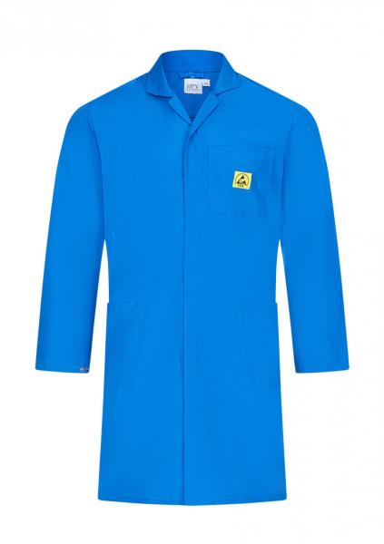 The image shows a blue lab coat with long sleeves and a buckle. There is a yellow logo on the left chest side. The coat has a classic, comfortable fit.