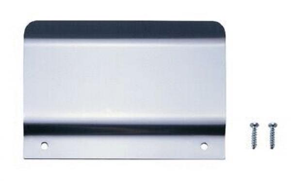 Das Bild zeigt ein flaches, rechteckiges Metallstück mit abgerundeten Ecken. Es hat eine glänzende Oberfläche und zwei Löcher zum Befestigen. Daneben sind zwei silberne Schrauben.