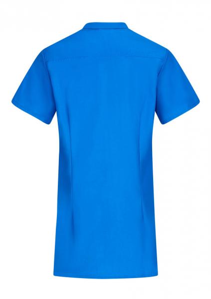 The image shows a simple, solid-colored, short T-shirt in bright blue. It has a standard collar and short sleeves. The back is plain and smooth.