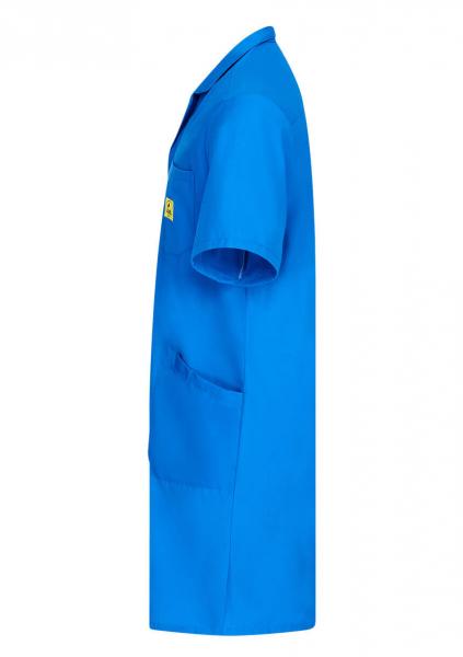 The image displays an article of clothing: a blue, short-sleeved top with a collar. It features two pockets on the front and appears simple and functional.