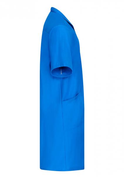 The image shows a short-sleeved, knee-length garment in bright blue. It has a simple cut and a side pocket. The collar is plain and round.