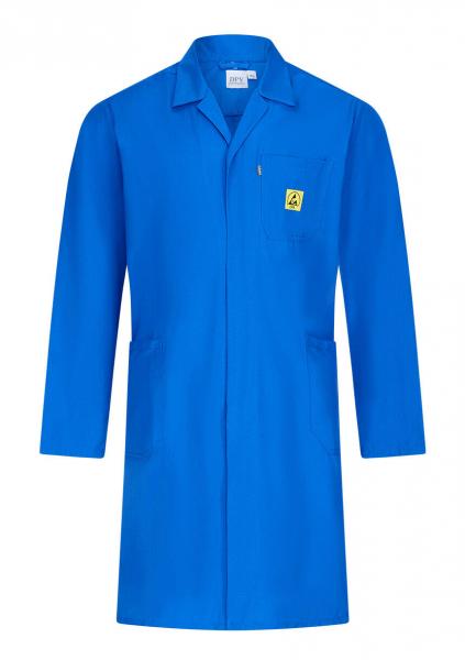 The image shows a blue coat with a simple, straight cut. It has long sleeves, a chest pocket, and is open at the front. There is a yellow logo on the chest pocket.