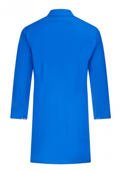 The image shows a long-sleeved, solid-colored shirt in a vibrant blue. It features a classic collar and ends about mid-thigh. The back view is clear and patternless.