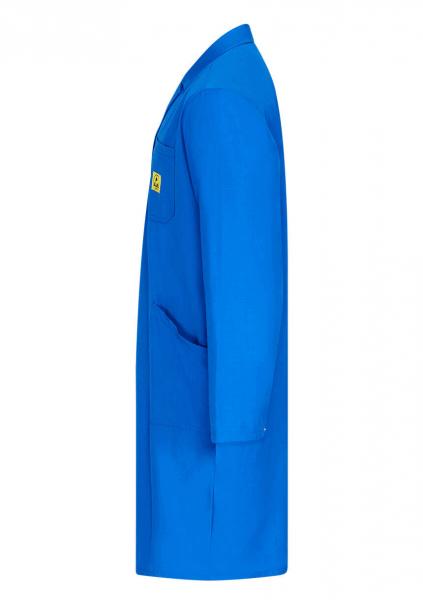 The image shows a blue lab coat. It has long sleeves and a straight shape. There is a yellow badge on the chest. The coat has two side pockets.