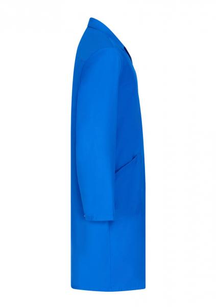 The image shows a blue coat in side view. The coat has long sleeves and a classic, simple shape. It appears elegant and striking in color.