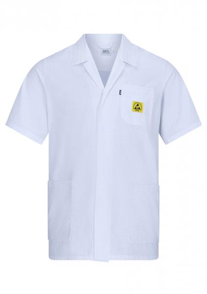 The image shows a short, white lab coat. It has a collar, a chest pocket patch with a yellow symbol, and two side pockets.