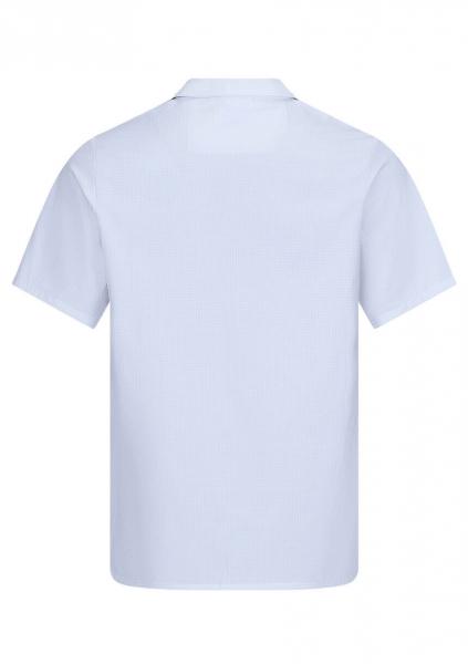 The image displays a short, light blue polo shirt from the back. It features a classic collar and short sleeves, without any special embellishments. The fabric appears smooth and solid-colored.