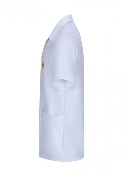 The image displays a white polo shirt made from a lightweight fabric. It features short sleeves, a collar, and a chest pocket. A small yellow detail is visible on the side.