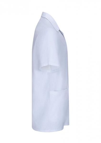 The image shows a simple, white short-sleeved top. It has a classic collar and a chest pocket on the left side. The shape is straight cut.