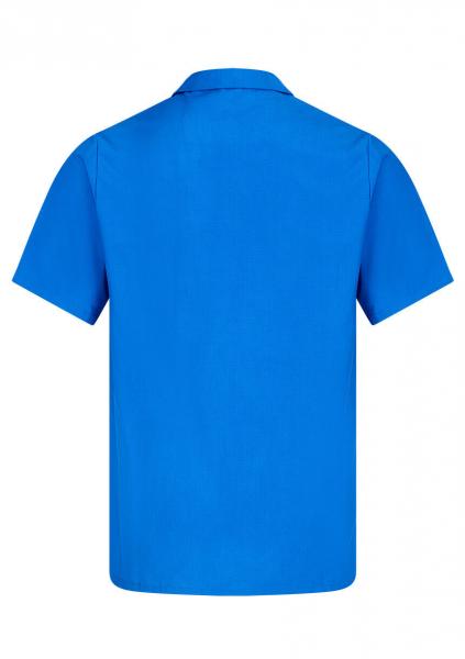 The image displays a short, solid-colored t-shirt in vivid blue. It features a classic collar and short sleeves. The fabric appears smooth and lightweight.
