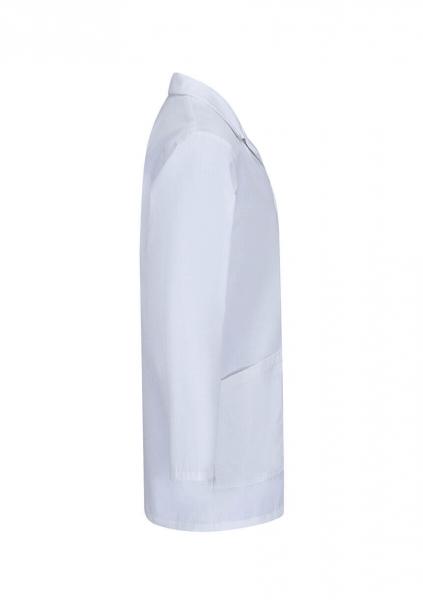 The image shows a white lab coat in side view. The coat has long sleeves, a collar, and a pocket on the front. It appears simple and professional.