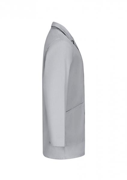 Das Bild zeigt einen grauen Blazer von der Seite. Der Blazer hat einen klassischen Schnitt, einen Kragen und eine Tasche auf der Vorderseite. Der Stoff wirkt glatt und elegant.