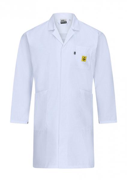 The image displays a white coat with long sleeves. It features a chest pocket and a yellow logo on the left side. The coat is simple and is commonly worn in laboratories or medical facilities.