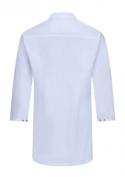 The image shows a white, long-sleeved shirt from the back. It features a classic collar and a straight cut. The sleeves end right at the wrist.
