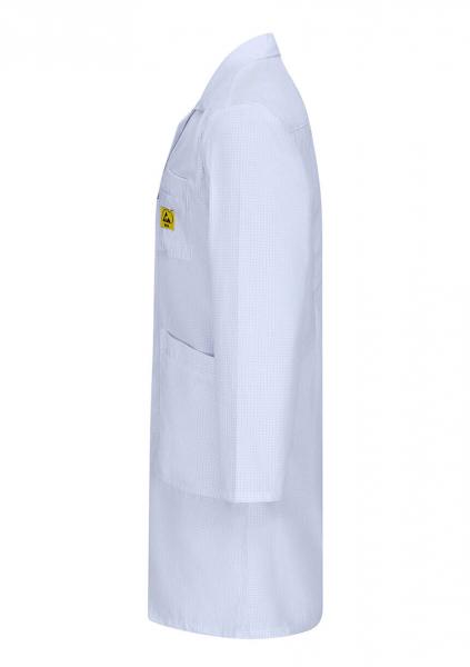 The image displays a white lab coat. It features long sleeves, a chest pocket on the left side, and a yellow emblem or label on the chest. The coat is simple and functional.