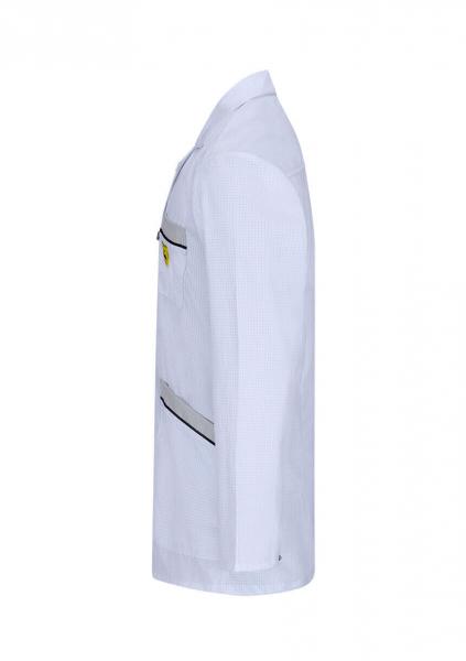 The image shows a white lab coat. It has long sleeves, a lapel collar, and a chest pocket with a small yellow detail. The coat has a simple, straight shape.
