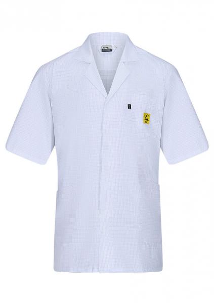 The image shows a white, short-sleeved work jacket. It features a lapel collar, two front pockets, and a small yellow emblem on the left side. The fabric is textured.