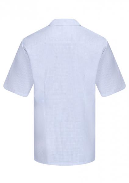 The image shows a light blue, short-sleeved shirt with a straight cut. It features a classic collar and is without any patterns. The back is clear and simple.