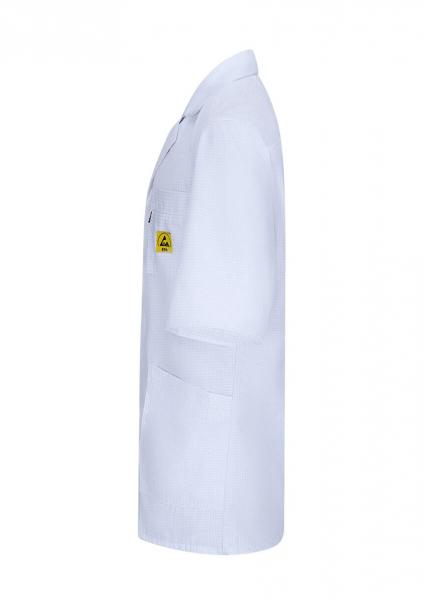 The image shows a white, short-sleeved shirt. It features a classic collar and two pockets. There is a yellow logo on one sleeve. The fabric appears light and breathable.