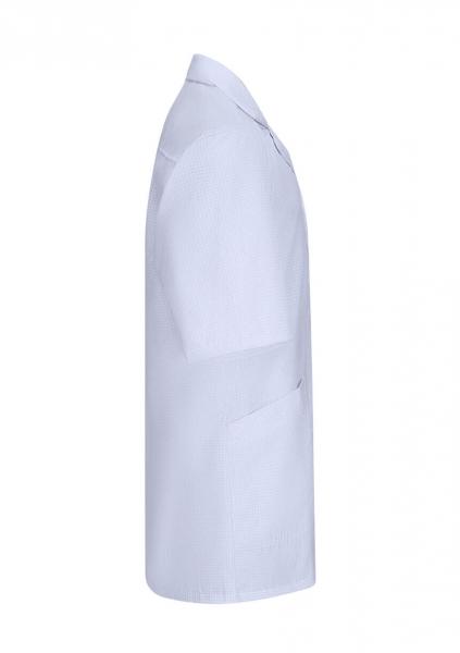 The image shows a blue smock made of lightweight fabric. It has a simple collar, short sleeves, and a side pocket. The smock features a tailored design and looks professional.