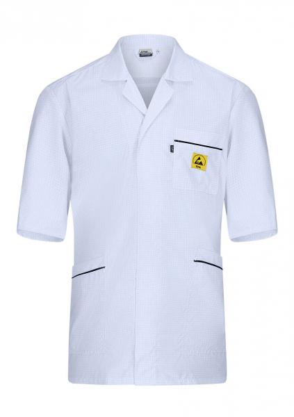 The image shows a white lab coat with short sleeves. It has a continuous front, two pockets, and a yellow emblem on the left side. The seams are black.