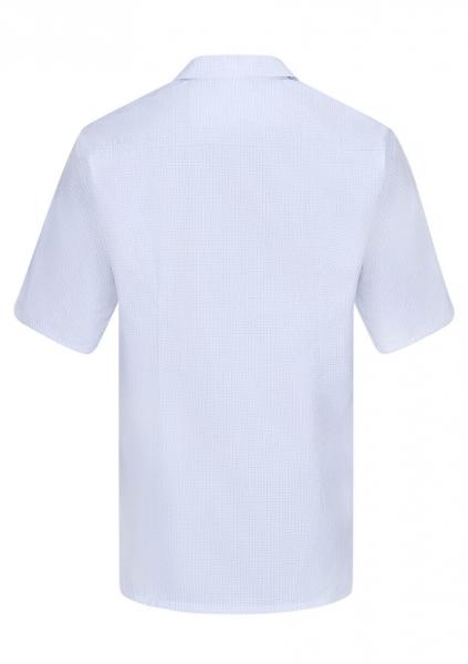 The image shows a light blue short-sleeve shirt with a classic collar. It has a simple, straight fit and is solid-colored without any patterns. The back view is visible.