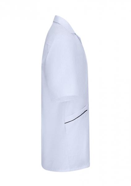 The image shows a white coat, half-sleeved with a classic cut. It features a continuous front, a collar, and a side pocket with a black stripe.