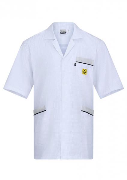 The image shows a white coat with short sleeves. It features a classic collar, a chest pocket, and two side pockets with black zippers.