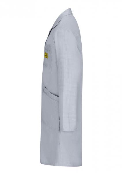 The image shows a gray lab coat made of lightweight fabric. It has long sleeves, a turned-down collar, and a chest pocket. The coat is simple and symmetrically designed.