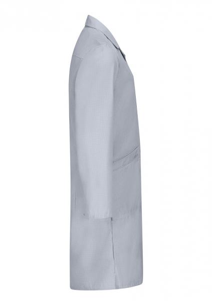 The image shows a long, gray coat in profile. It has a lapel collar and a simple, elegant shape. Two pockets are visible on the sides. The fabric appears smooth and light.