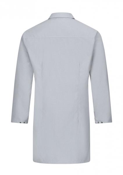 The image shows a light gray shirt from the back. It has a classic collar and long sleeves. The sides are straight and it ends just above the hip. The buttons are visible on the sleeve cuffs.