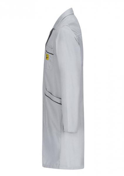 The image shows a gray lab coat made of lightweight material. It has long sleeves, a straight fit, and a chest pocket with a yellow warning symbol. The coat features black accents.