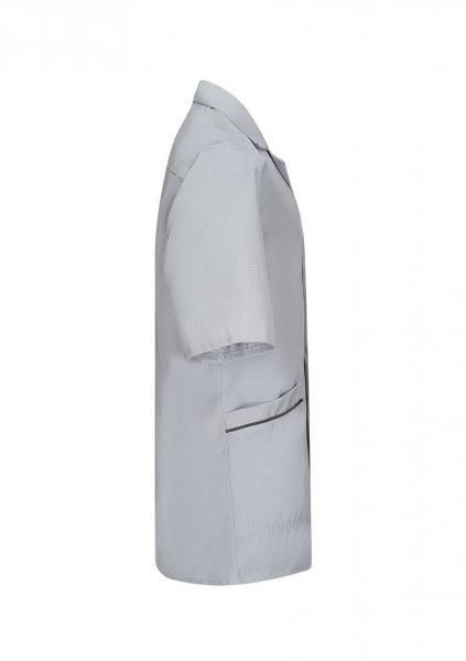 The image shows a gray work jacket with short sleeves. It has a simple cut and a patch pocket on the front. The fabric appears lightweight and easy to care for.