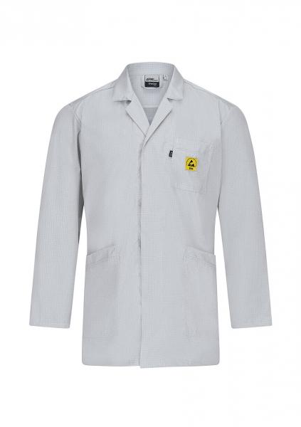 The image shows a light gray lab coat. It has long sleeves, a collar, and two patch pockets. There is a yellow symbol on the left chest side.