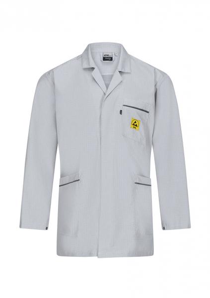 The image shows a white, classic lab coat. It has long sleeves, a lapel collar, and two side pockets. There is a yellow logo on the left chest.