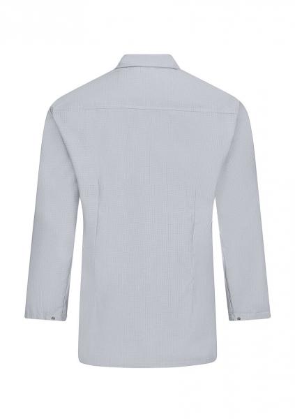 The image shows a light blue shirt with long sleeves and a classic collar. The back is plain and without any special details, the seam is well-crafted and straight.
