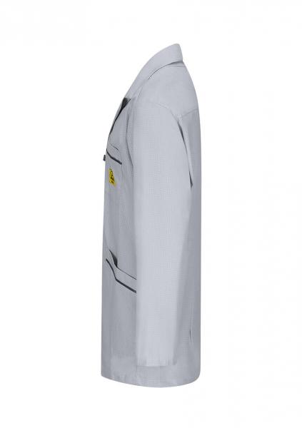 The image shows a gray shirt jacket, viewed from the side. It features a simple cut, a collar, and a chest pocket with a yellow appliqué.