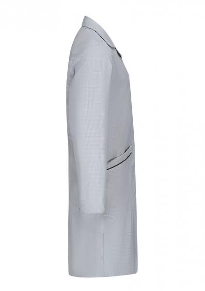 The image shows a gray, long coat made from a textured fabric. It has long sleeves, a lapel collar, and a side pocket. The coat has a simple, elegant shape.