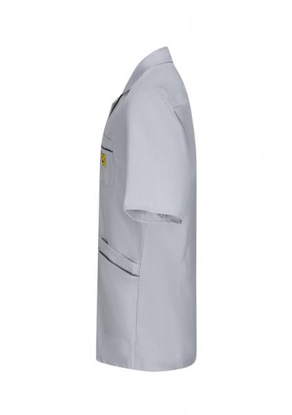 The image shows a gray shirt with short sleeves. It has a simple cut and a chest pocket. The seams are slightly emphasized, giving the design some structure.