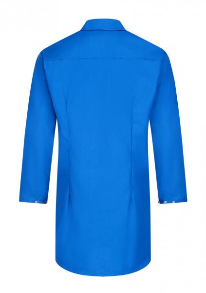 The image displays a simple, knee-length shirt in vibrant blue. It features long sleeves, a classic collar, and a straight cut. The back view is visible.