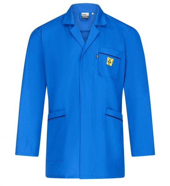 Das Bild zeigt einen leuchtend blauen Arbeitskittel mit langen Ärmeln. Er hat einen Kragen, zwei große Taschen vorne und eine Brusttasche mit einem gelben Logo. Der Kittel wirkt robust und funktional.