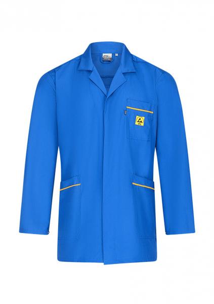 The image shows a blue coat with long sleeves. It features a collar, two side pockets, and a chest pocket. Yellow details stand out against the blue fabric.