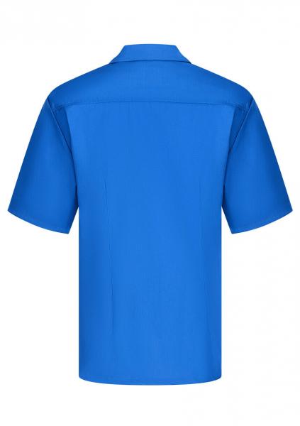 Das Bild zeigt ein einfarbiges, königsblaues Poloshirt mit kurzen Ärmeln. Der Kragen ist schlicht, und es gibt keine auffälligen Verzierungen. Die Rückseite ist ebenso unifarben.