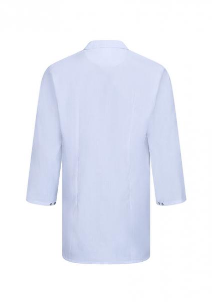 The image shows a light blue, long-sleeved shirt with a minimalist design. It features a classic collar and a straight-cut back with no special details.