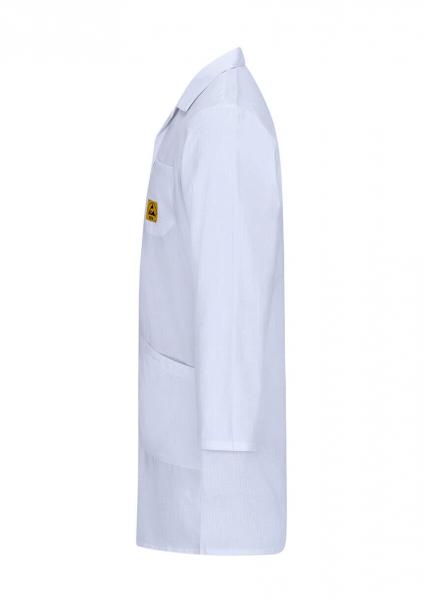 The image displays a white lab coat in profile. It has long sleeves, a chest pocket, and a simple collar. The coat appears clean and professional.