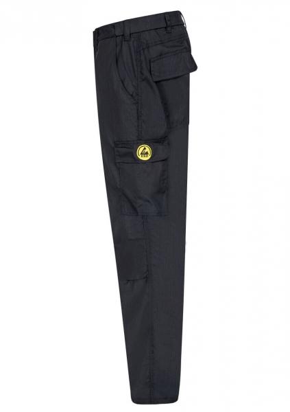The image shows a black cargo pants. It has side pockets and a large round yellow patch on the thigh. The pants are straight cut and appear sturdy.