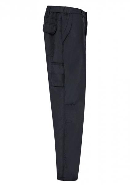 The image shows a dark, plain fabric pants in a side profile. It features a straight shape and a side pocket flap. The waistband is simply designed.