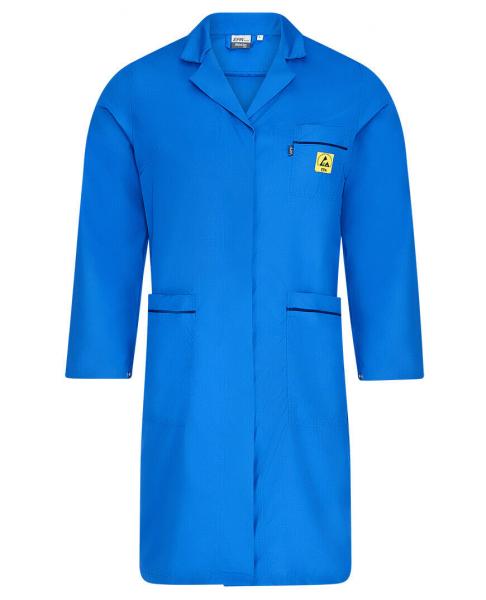 The image shows a blue lab coat with long sleeves. The coat has a collar, two front pockets, and a small attached warning symbol on the left side.
