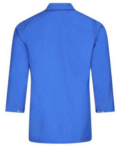 The image shows a long-sleeve top in bold blue. The back is plain, the cut is straight and it has a classic collar with buttons on the sleeves.