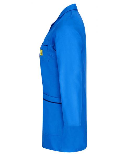 The image shows a side view of a blue work coat. The coat has a collar, long sleeves, and a chest pocket. It appears simple and professional.
